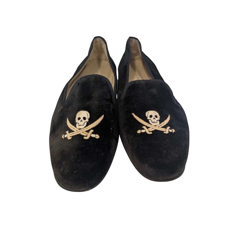 Stubbs & Wootton Mens Black Velvet Skull Crossbones Smoking Slippers 10.5 Spain